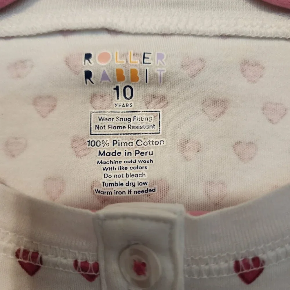 Roller Rabbit girls sz 10 Henley pajama top white with hearts